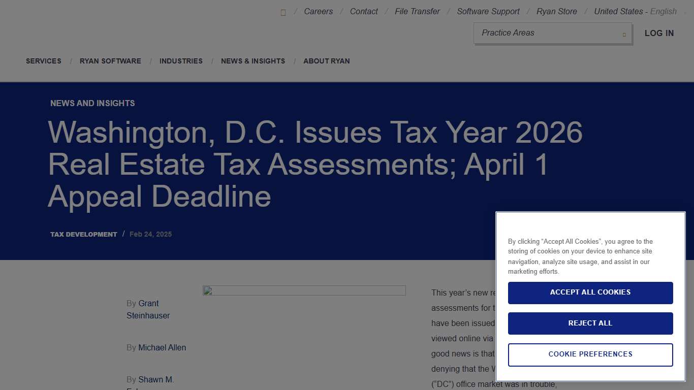 Washington, D.C. Issues Tax Year 2026 Real Estate Tax Assessments; April 1 Appeal Deadline
